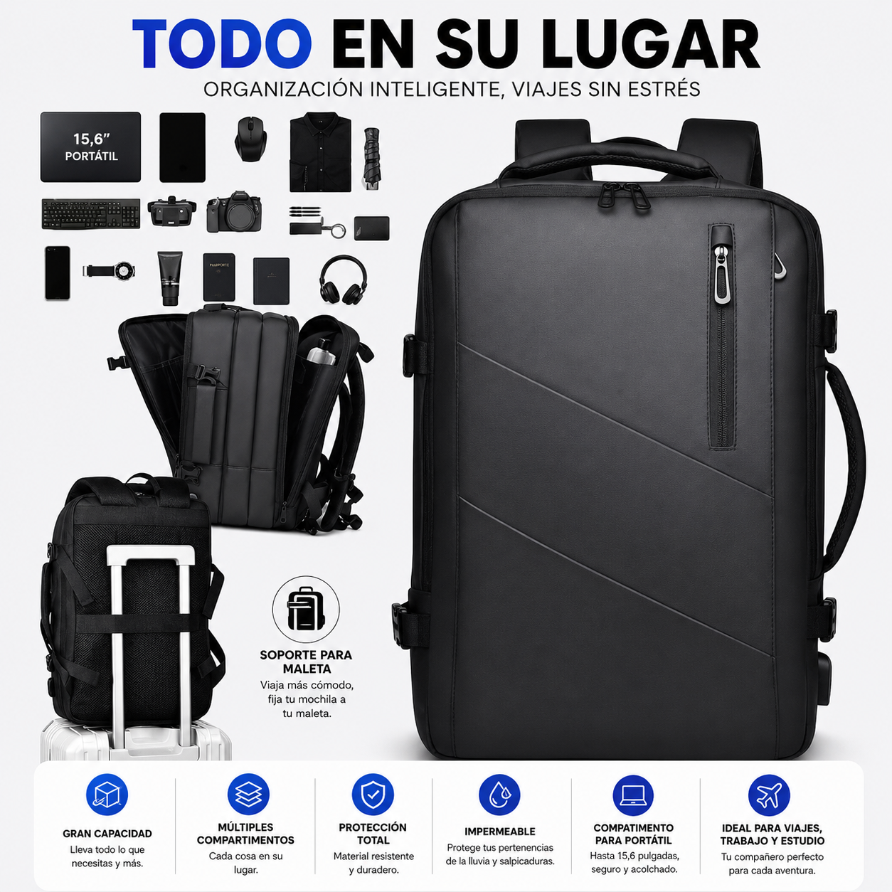 Mochila Viaje en Cabina para Laptop Carry On Expandible USB – Gran Capacidad 26-42L