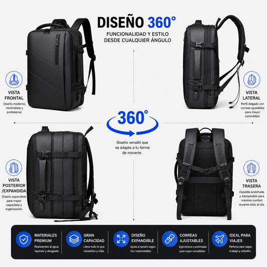 Mochila Viaje en Cabina para Laptop Carry On Expandible USB – Gran Capacidad 26-42L