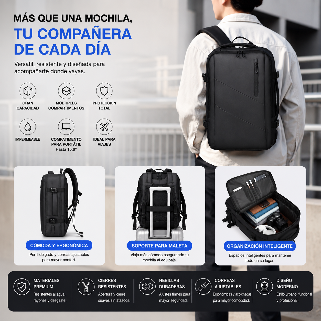 Mochila Viaje en Cabina para Laptop Carry On Expandible USB – Gran Capacidad 26-42L