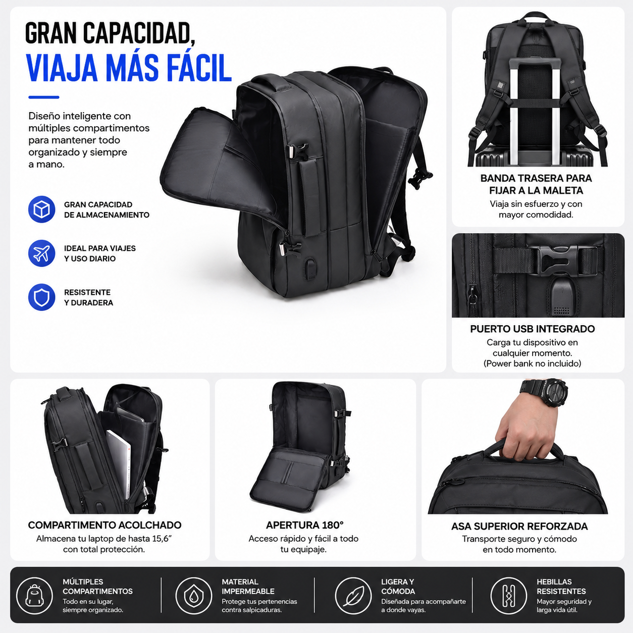 Mochila Viaje en Cabina para Laptop Carry On Expandible USB – Gran Capacidad 26-42L