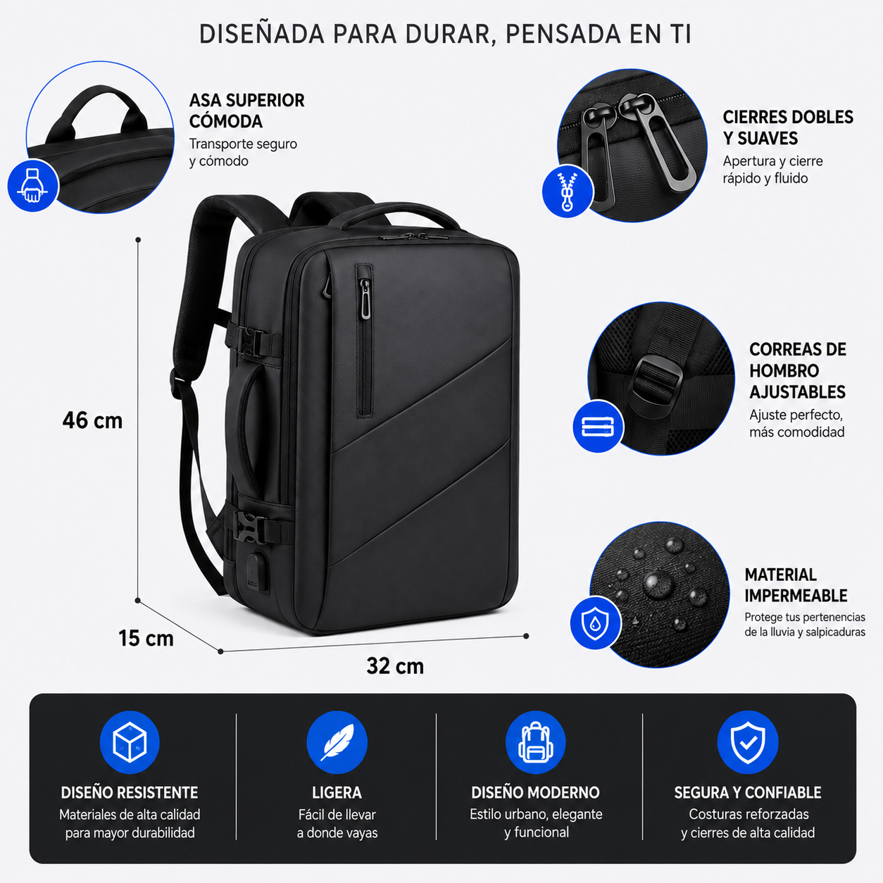 Mochila Viaje en Cabina para Laptop Carry On Expandible USB – Gran Capacidad 26-42L