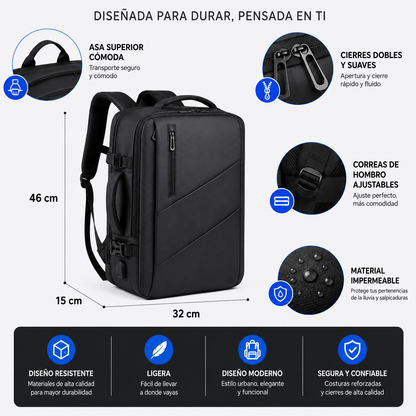 Mochila Viaje en Cabina para Laptop Carry On Expandible USB – Gran Capacidad 26-42L